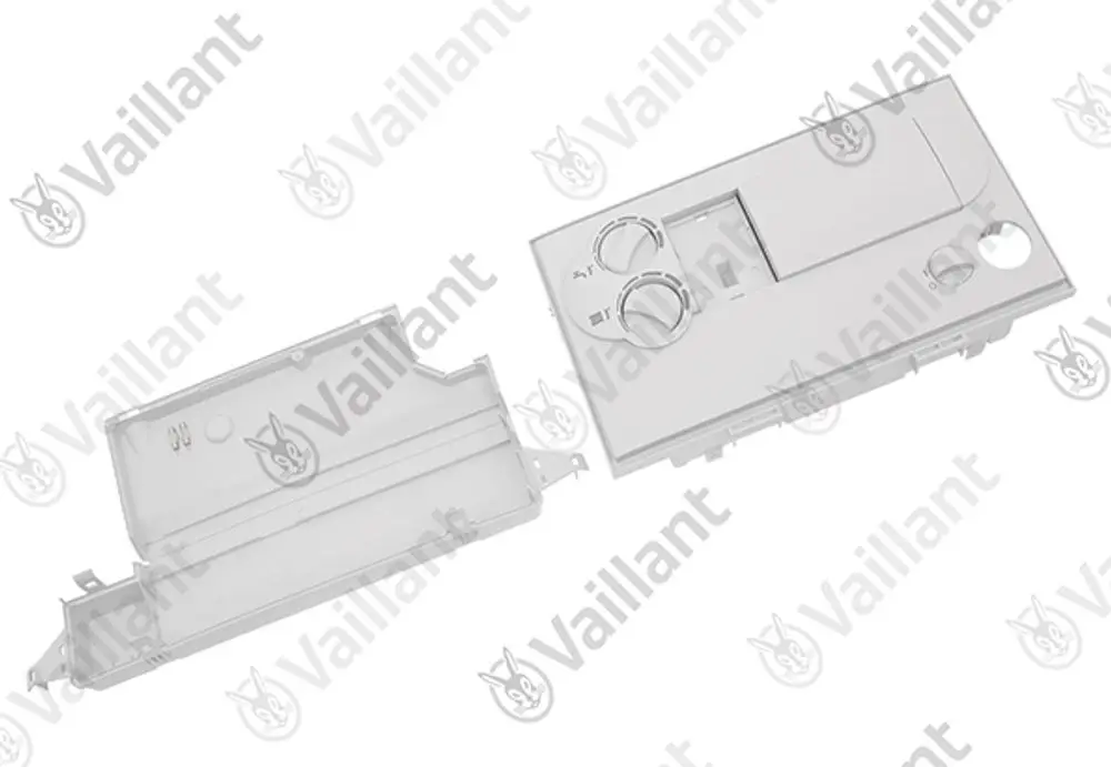 Transparente Gehäuseteile von Vaillant, bestehend aus zwei separaten Abdeckungen mit verschiedenen Öffnungen und Schaltfeldern.